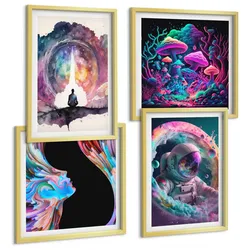 BILDER SET 4er Set - 50x50 cm & 40x60 cm Goldrahmen - Farbenfrohe Fantasy-Kunstillustrationen