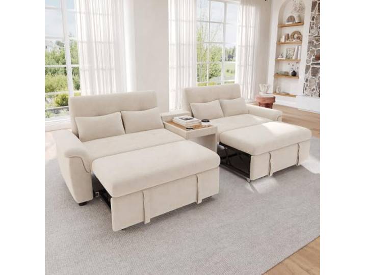 Merax Sofa mit Schlaffunktion, ausziehbares Schlafsofa mit Verstellbarer Rückenlehne, Funktionssofa mit Doppel-Schlafauszug, Couchtisch mit 2 Becherhaltern, 4 Kissen, Chenillestoff, Beige