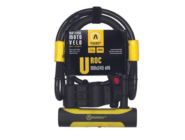 AUVRAY - Antivol vélo U + Cable - Certifié Art - U ROC Art 180 X 245 D.16 + Cable 100 D.12 + Support 2 CLES - Câble Haute Résistance - Facile à Transporter et à Stocker - Haute sécurité