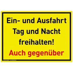 Großes Schild Ein- und Ausfahrt | PVC 42 x 30 cm | Tag und Nacht freihalten Auch gegenüber | gelb | PVC-Schild mit UV-Schutz | Einfahrt freihalten,