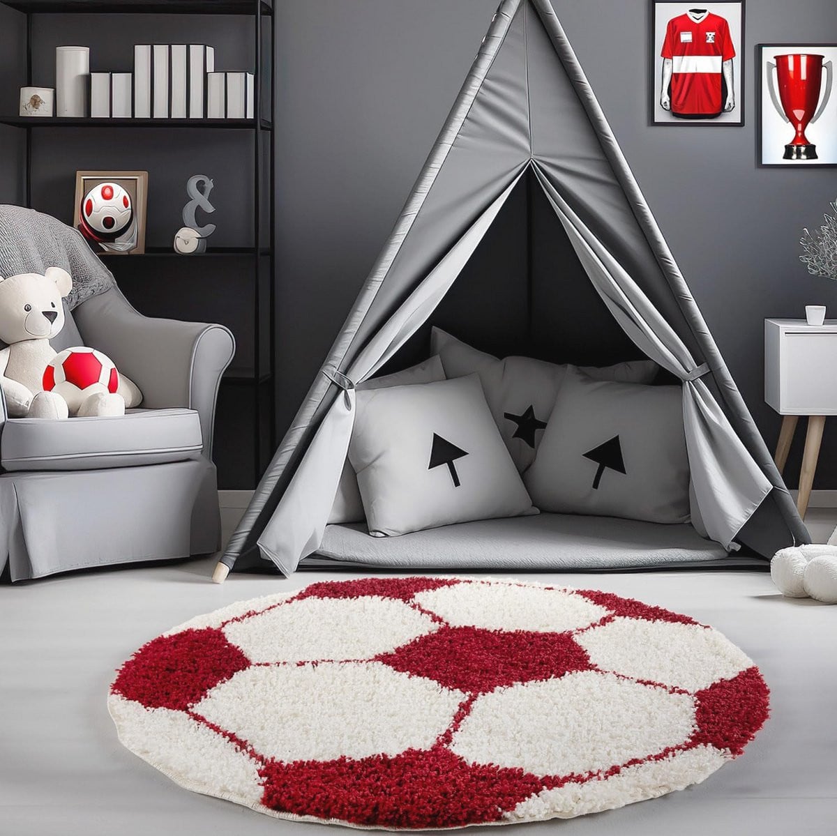 Rond Hoogpolig Vloerkleed voor Kinderkamer met Voetbal Design - Diameter: 120 cm