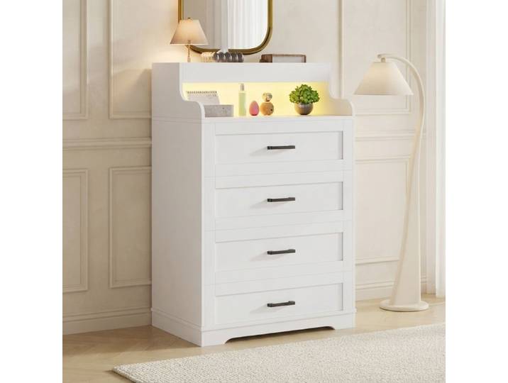 Commode à 4 Tiroirs avec LED Commode Chambre Adulte Compartiments Ouverts Anti-basculement pour Salon et Chambre Blanc