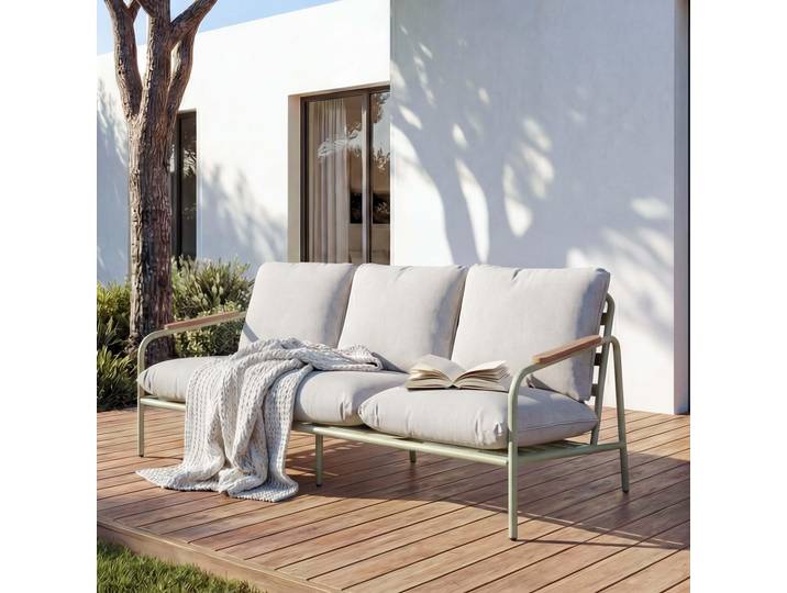Aluminium-Gartenbank HWC-O11, Outdoor 3-Sitzer Sitzbank Sofa, Olefin Stoff (205 g/m²) 184cm hellgrün Polster beige