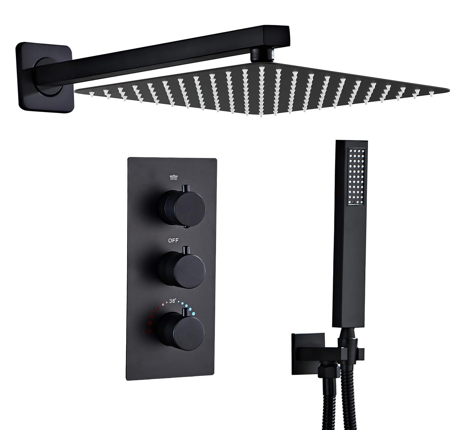 Einbau-Duschset - 30 cm Regenbrause - Matt Schwarz - Thermostatarmatur