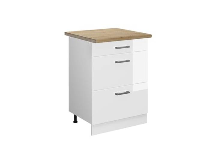 Vicco Küchenunterschrank R-Line, Weiß Hochglanz, 60 cm 3 Schubladen · Arbeitsplatte Eiche · Höhenverst. Füße · Leichter Zugriff · Frei kombinierbar