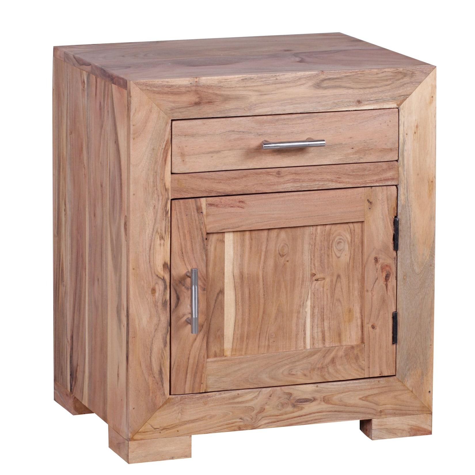 KADIMA DESIGN Massivholz Nachtschrank, Landhausstil, 60 cm Höhe, Schublade & Tür, Akazienholz