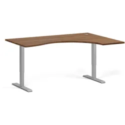 Höhenverstellbarer Schreibtisch, 2 Motoren, 74-121 cm, ergonomisch L/R, Tischplatte 160x120 cm, graues Metallgestell, Nussbaum