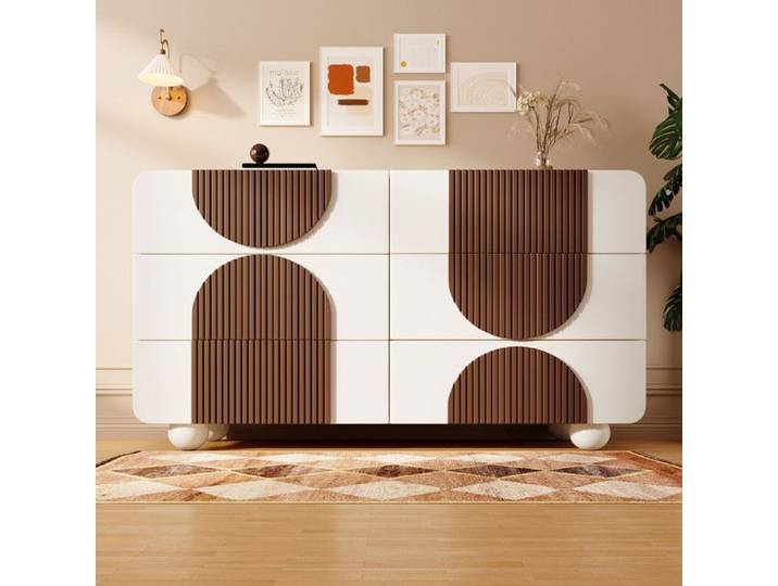 URBAN MEUBLE Buffet moderne bicolore blanc à 6 tiroirs avec design d'arches en bois couleur chocolat