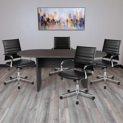 Lancaster Home 5 Piece Oval Conference Table Set with 4 LeatherSoft Ribbed Executive Chairs