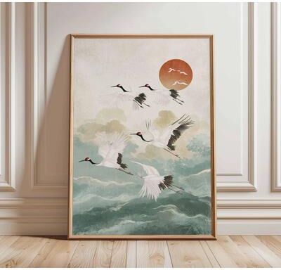 Inspired Finds Vintage Japanese Crane Ukiyo e Wall Art Red Sun Pine Print 19.69x27.56 In crane Flight Scene