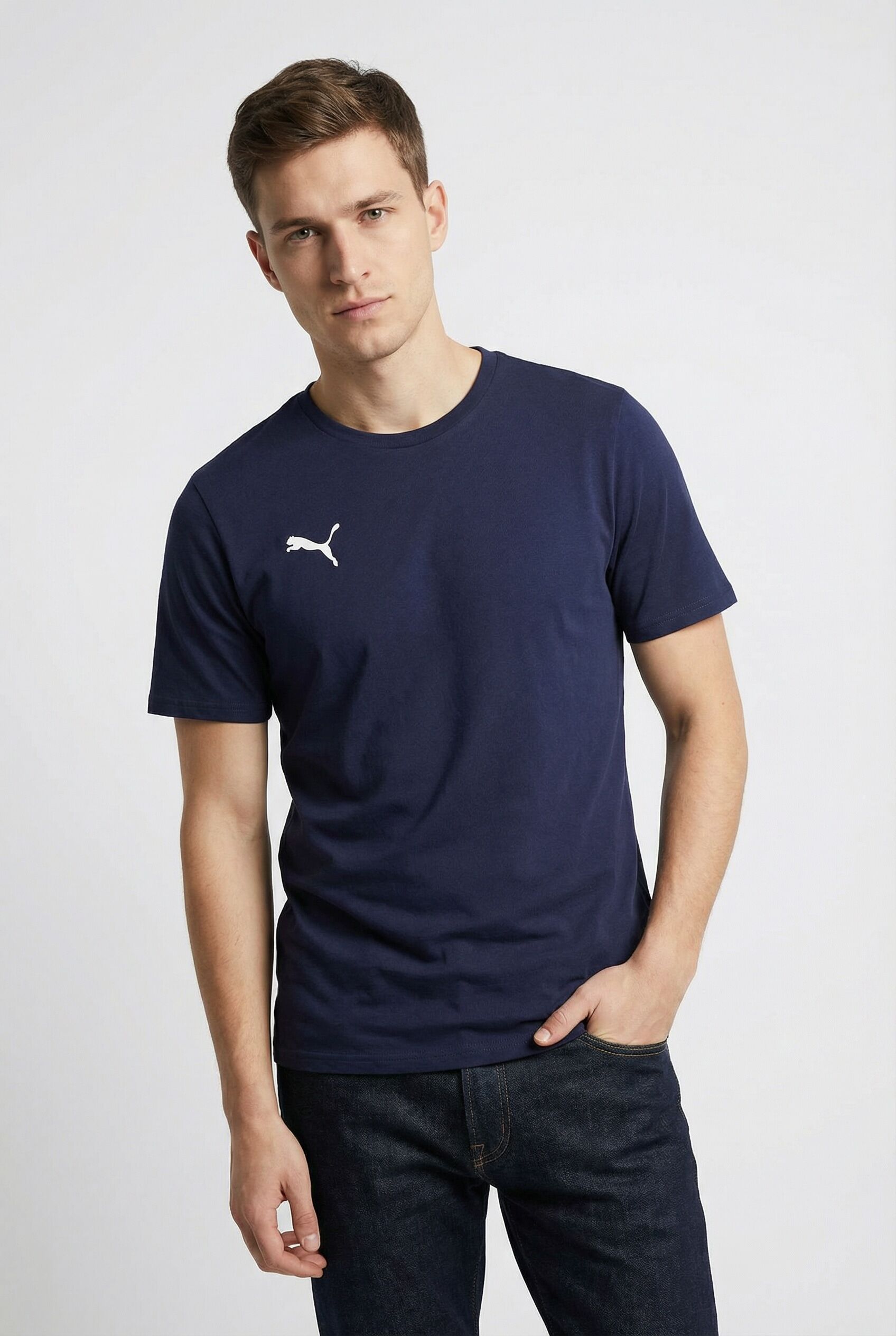 Trainingsshirt PUMA "TEAMGOAL CASUALS TEE", Herren, Gr. S, blau (puma navy, puma weiß), Jersey, Obermaterial: 100% Baumwolle, unifarben, regular fit normal, Rundhals, Shirts Trainingsshirt, gerader Abschluss, Kurzarm, für Sportmode, Rundhalsausschnitt pum