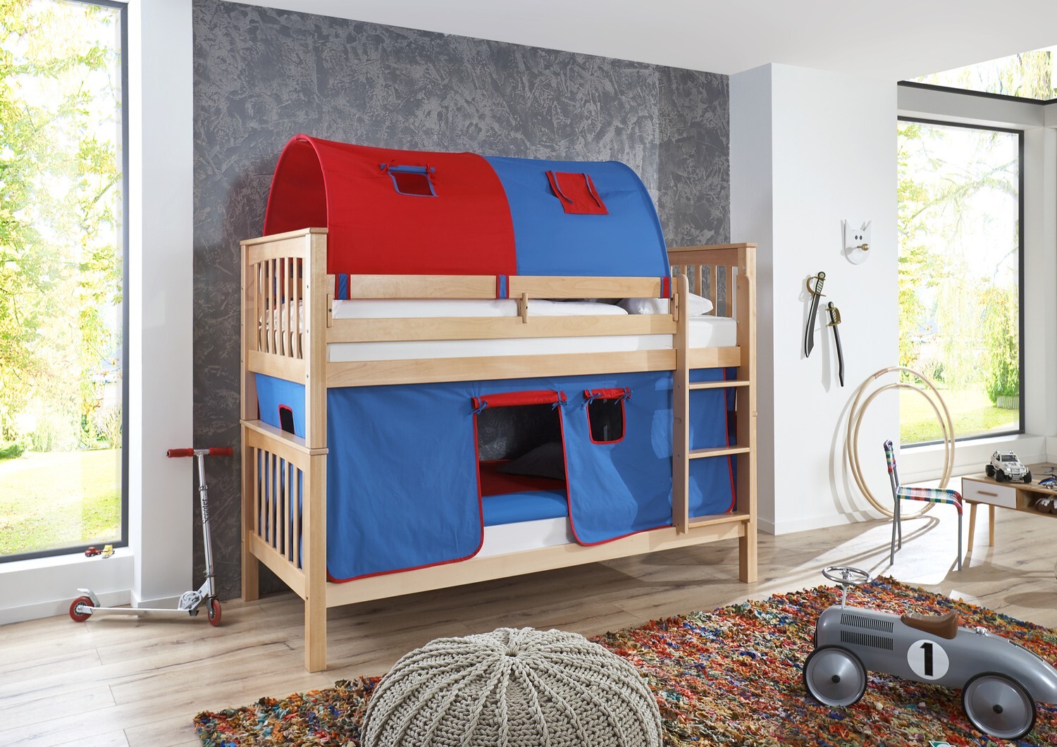 Etagenbett mit hohem Kopf- und Fußteil Kick Buche Natur lackiert 90x200 cm
