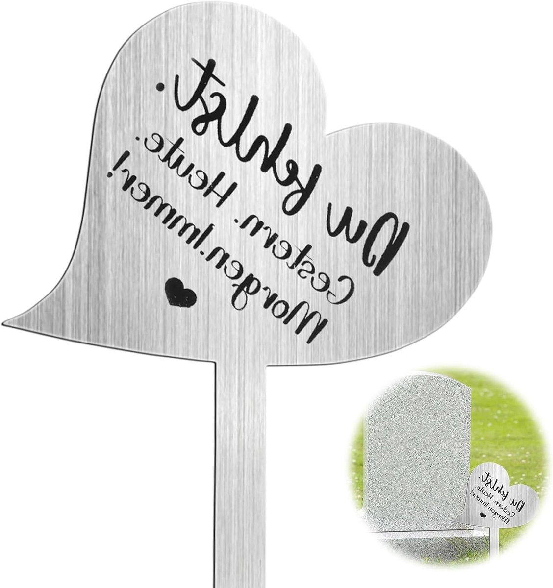 Weerbestendige grafdecoratie met hartvormige roestvrijstalen gravesteker en tekst Du Fehlst. Yesterday. Today. Tomorrow. Always!, 28 cm