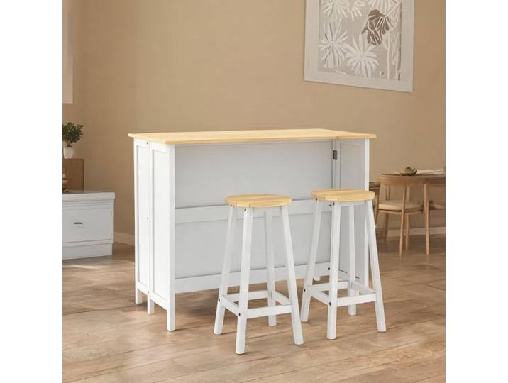 Desserte îlot de cuisine blanc en bois avec 2 tabourets plan rabattable et rangements design moderne gain de place