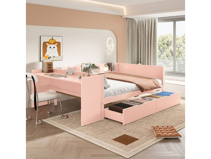Lit combiné - YEHTOKHOME - 140x200 - bureau intégré - 2 tiroirs - 3 étagères - pin