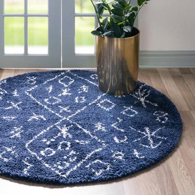 Hochflor-Teppich "Temara Shag, LAGERRÄUMUNG", blau (marineblau, elfenbeinfarben), H:51mm Ø:152cm, Polypropylen (PP), MYFLAIR MÖBEL & ACCESSOIRES, Teppiche, gewebt, Scandi Design, ideal im Wohnzimmer & Schlafzimmer