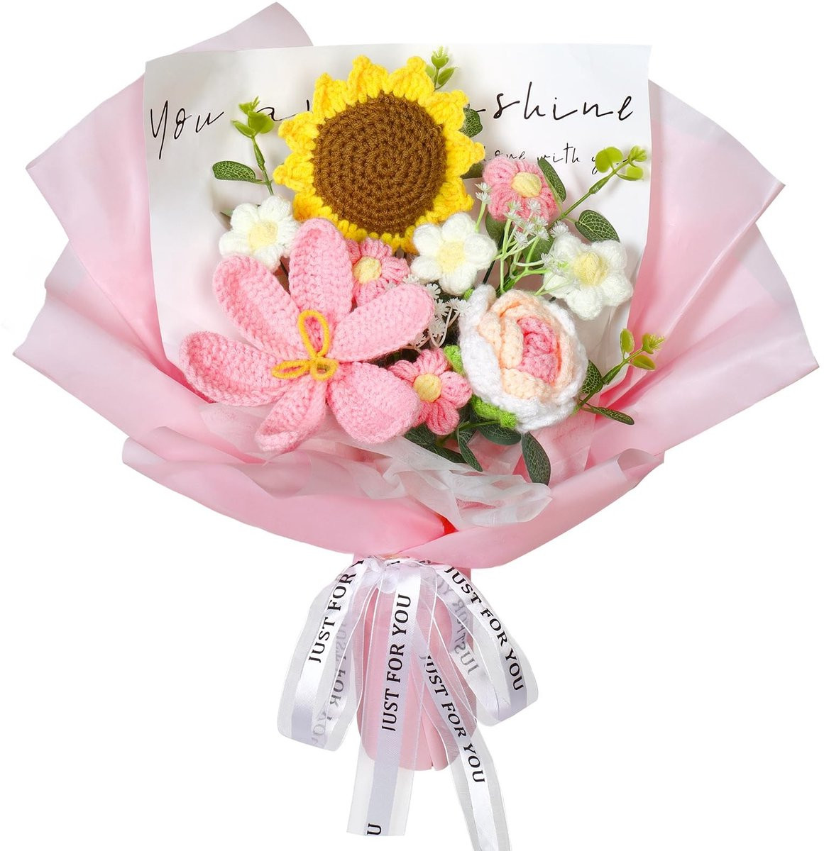 Dailygoods Handgemaakt Bloemenboeket met Gehaakte Rozen en Zonnebloemen - Roze