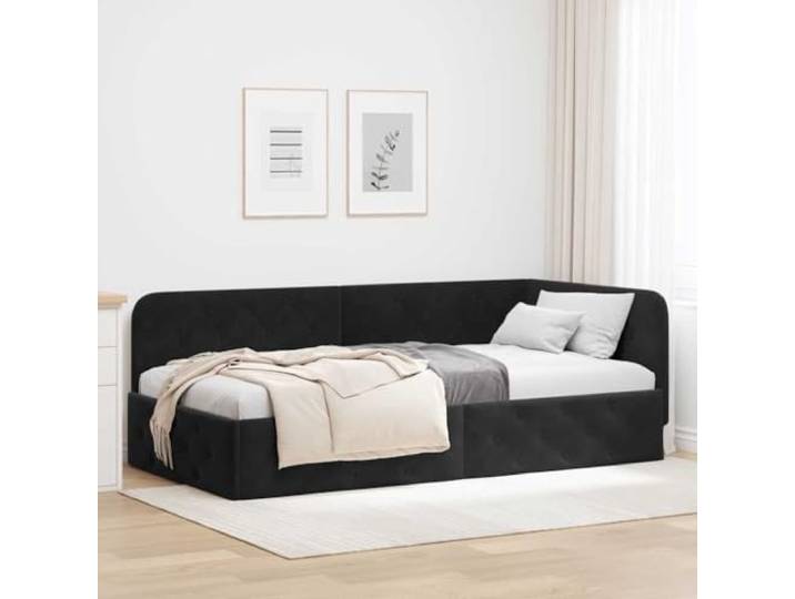 RJPLMFV Eckbettgestell, Schwarz, 90 x 200 cm, Velours L-Design, platzsparend, umkehrbare Armlehne, Schlafsofa, Lattenrost inklusive