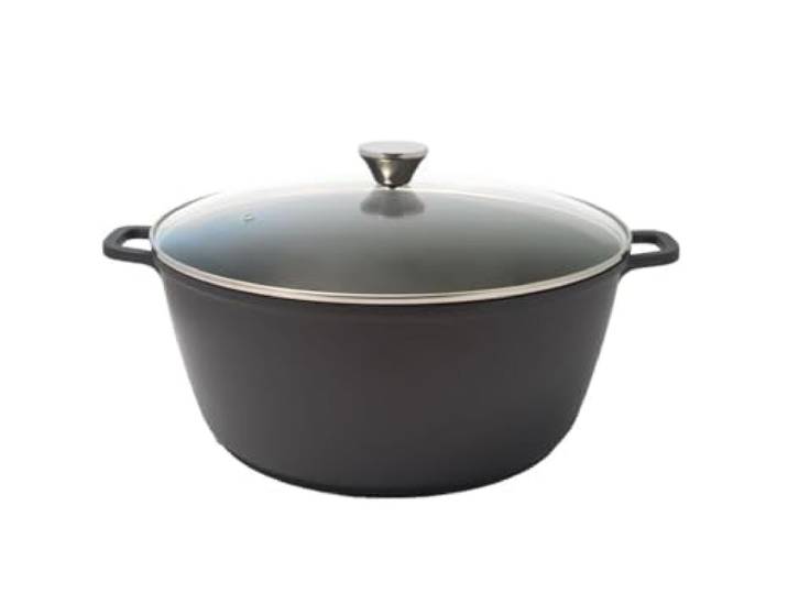 Baumalu - niedriger Schmortopf Aluguss - Ø32 cm - 5 L - Keramik Keramische Antihaftbeschichtung ohne PFAS, Glasdeckel mit Edelstahlknopf, leicht, ideal zum Schmoren, gleichmäßige Wärme
