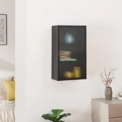 Hängeschrank Zundert mit geriffelter Glastür 60x35x15 cm Stahl Schwarz [en.casa]