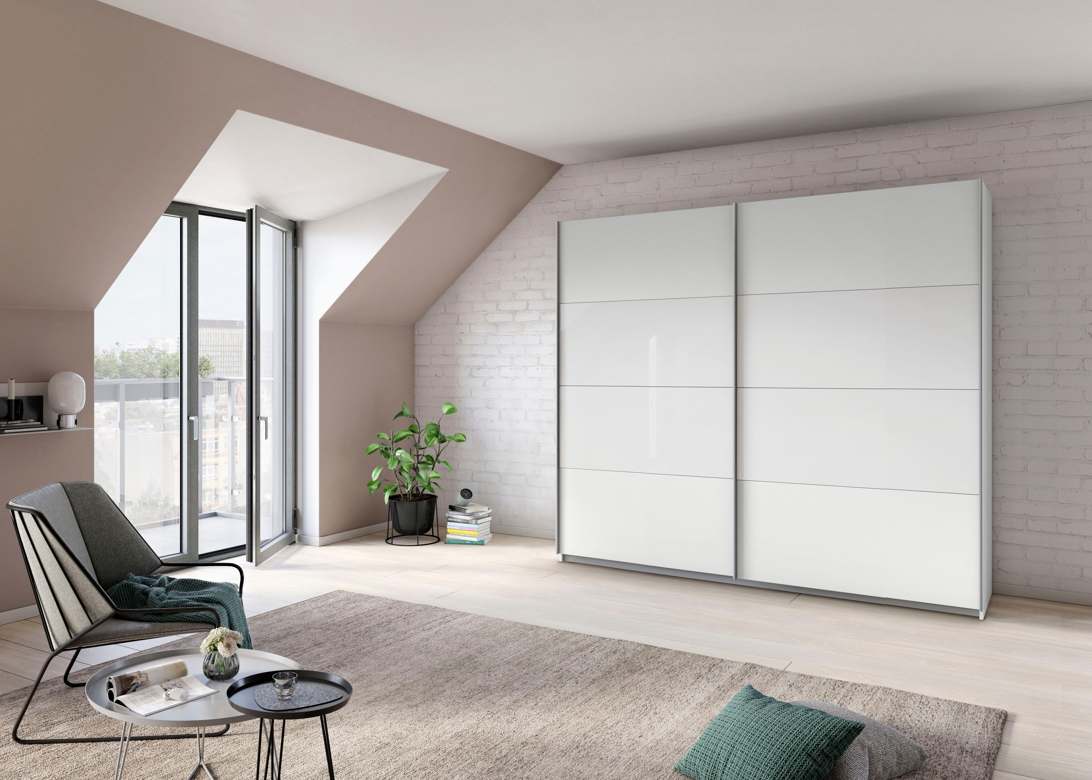 Schwebetürenschrank RAUCH "Quadra Schlafzimmerschrank in vielen Breiten", weiss (weiß, weißglas), B:226cm H:210cm T:62cm, Holzwerkstoff, Schränke, Schwebetürenschrank, Kleiderschrank Garderobenschrank Schrank mit Glaselementen weiß, weißglas B/H/T: 226cm 
