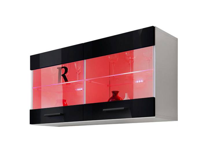 Komodee Hängevitrine Savona, Schwarz, LED Mehrfarbige, Weiß, Schwarz, Glas, 2 Fächer, Rechteckig, 100x50x27.2 cm, Esszimmer, Vitrinen, Vitrinenschränke