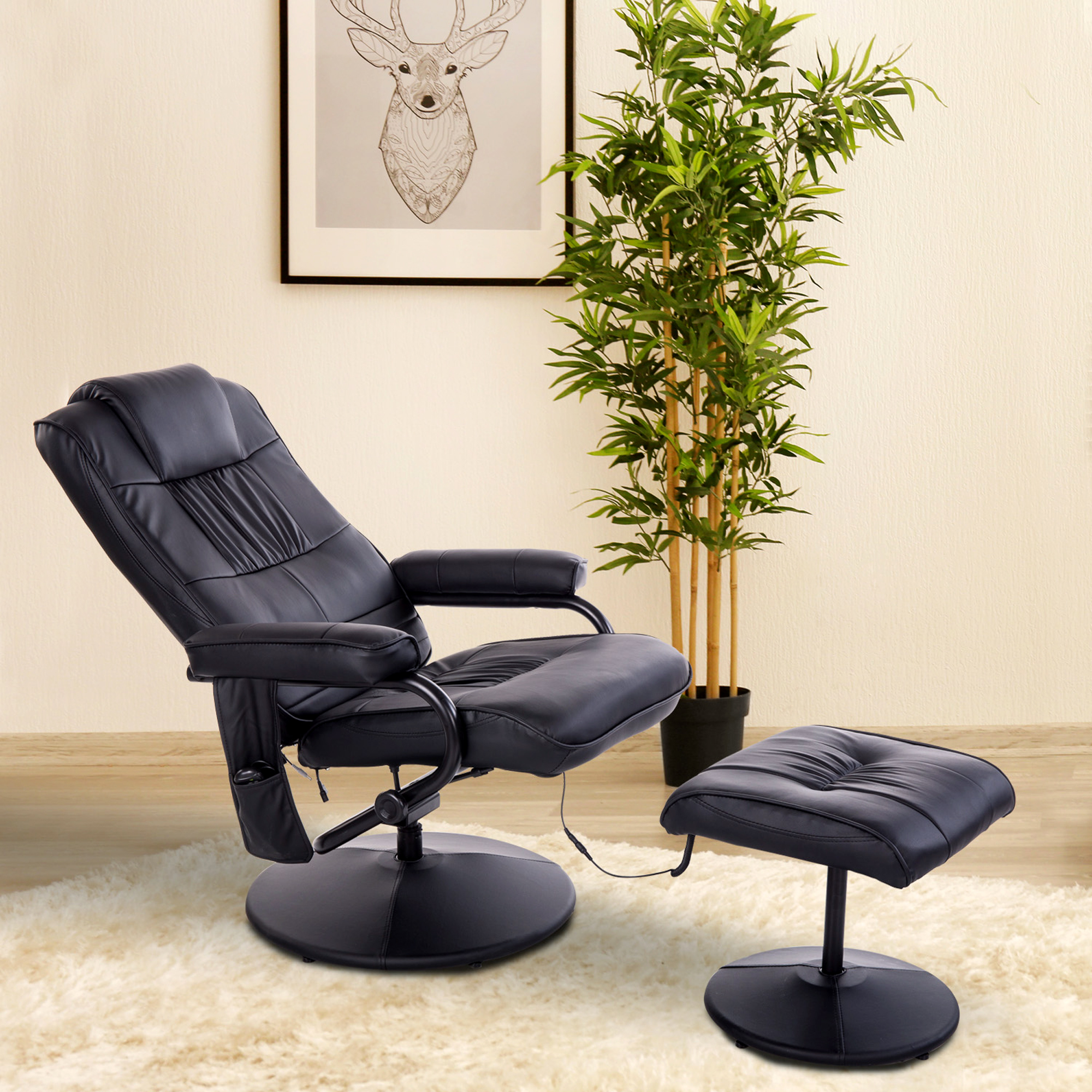 Homcom Poltrona Massaggiante e Relax con Poggiapiedi elettrico girevole inclinabile con rivestimento in similpelle Nero