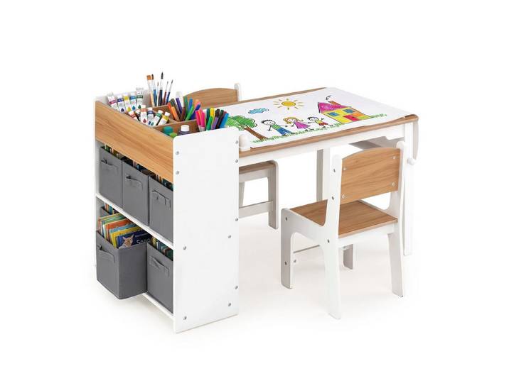 COSTWAY Kindersitzgruppe mit 2 Stühlen, 4 Fächer, 6 Körben, Papierrolle, (3-tlg)