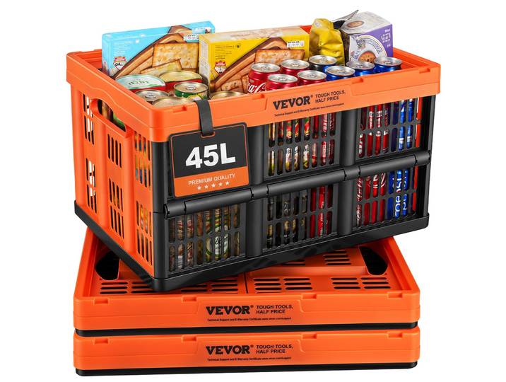 VEVOR Lot de 3 boîtes pliantes professionnelles 45L en PP Boîte de transport Boîte de rangement pliable avec poignée Caisses empilables Storage Box Boîtes pliables pour le rangement et le transport Orange
