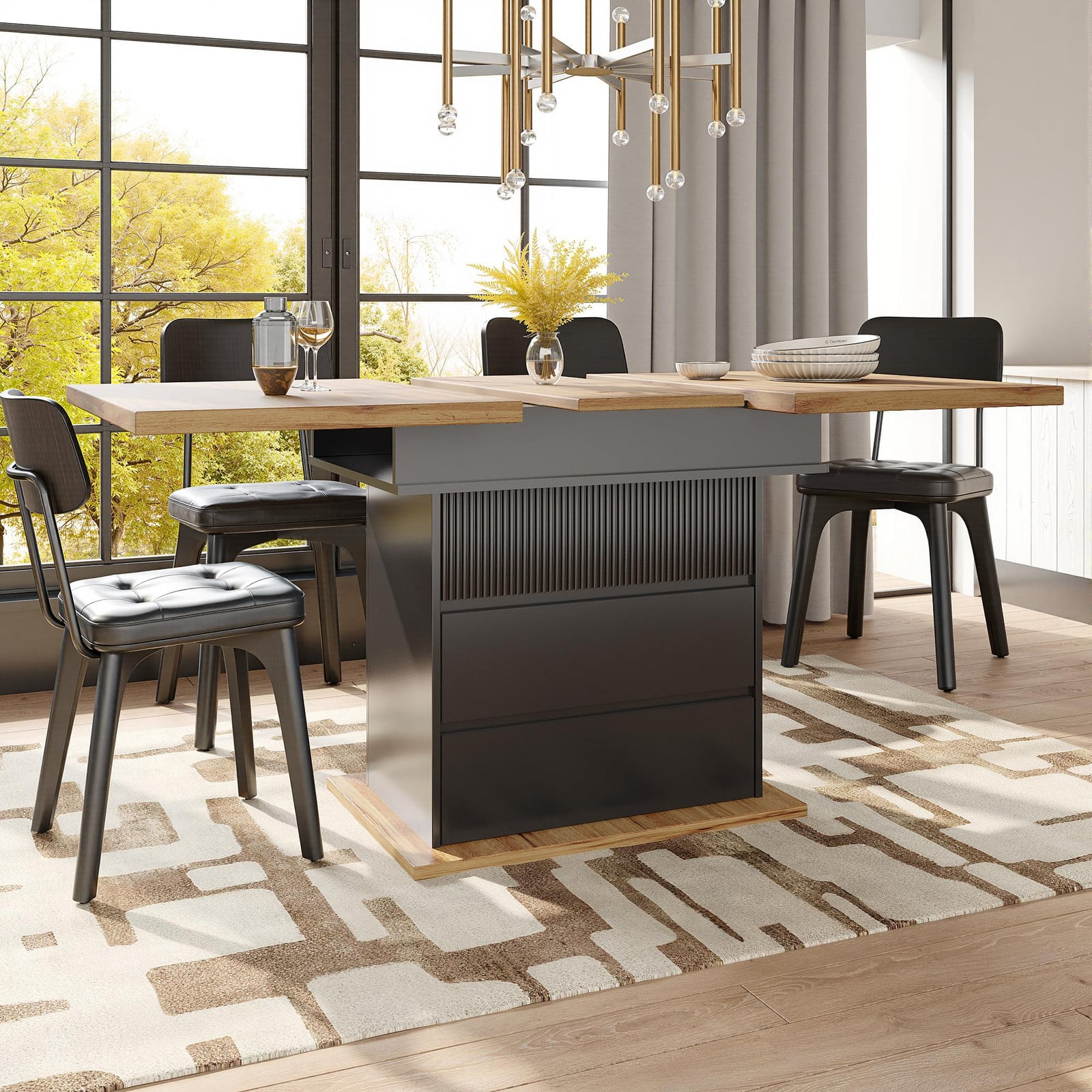 OKWISH Opklapbare eettafel met wijnrek en lades, uitschuifbare keukenkast voor 4-6 personen, zwart