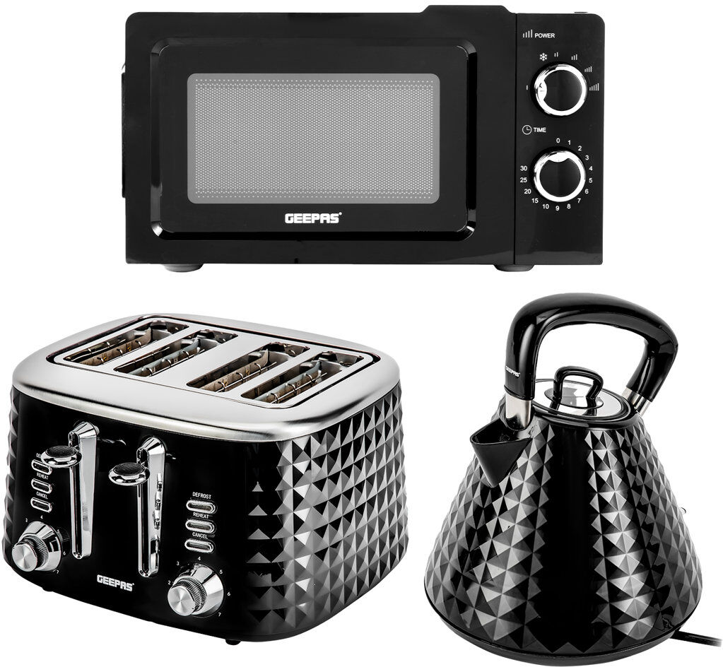 Geepas 3-Piece Kitchen Appliance Set – 20L 700W Microwave, 1.5L 3000W Rapid Boil Kettle & 4-Slice Toaster Bundle for Modern Home Kitchens Glossy Black 4 - Slice