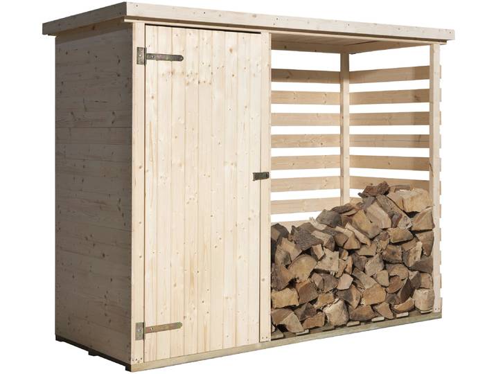 Kaminholzregal WEKA 663 , Lagerraum für Brennholz mit integriertem Geräteraum , beige (naturbelassen), B:254cm H:193cm T:96cm, Holz, Kaminholzlager, Kaminholzregal, 2,7m³ Lagerplatz, aus naturbelassenem Fichtenholz