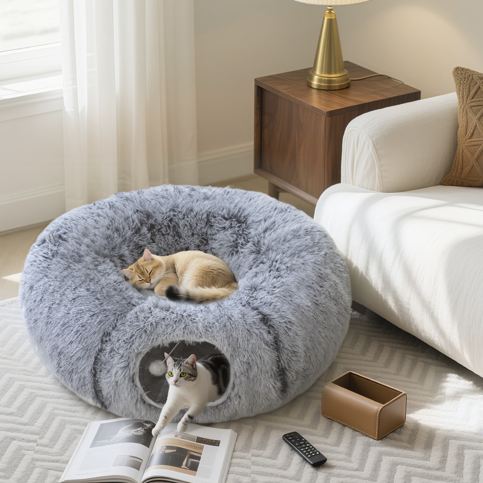 Pawhut Tunnel per Gatti, in Peluche, con Cuscino, Pieghevole, Telaio in Metallo, Grigio Chiaro   Aosom Italy
