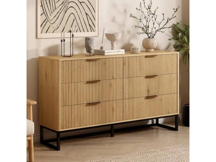 OOFAYJIA Kommode mit 6 Schubladen, Moderner Kommodenschrank Sideboard mit Metallfuß, Beistellschrank für Schlafzimmer, Wohnzimmer, Flur, 137x40x80cm,Natural