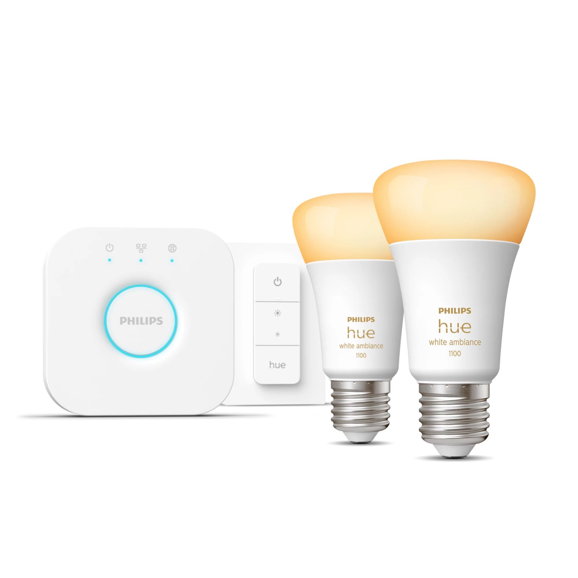 Philips Hue White Ambiance Starterset: E27 Lampe A60 Doppelpack + Dimmschalter LED Set für intelligente Beleuchtung 1100 mm Warmweiß, Kaltweiße 8719514291812