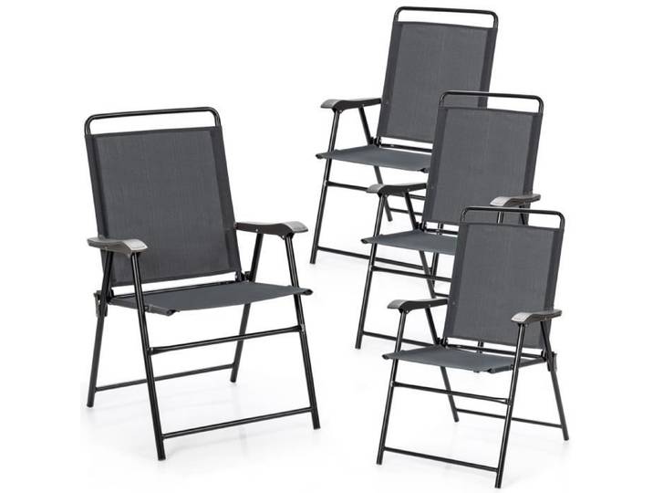 COSTWAY Lot de 4 Chaises Fauteuils de Jardin Pliantes en Textilène - Accoudoirs Patins Antidérapants Charge 150KG - Gris