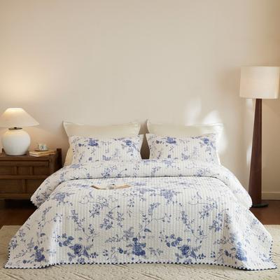 MarCielo Cotton Blue White Floral Quilt Bedspread Set