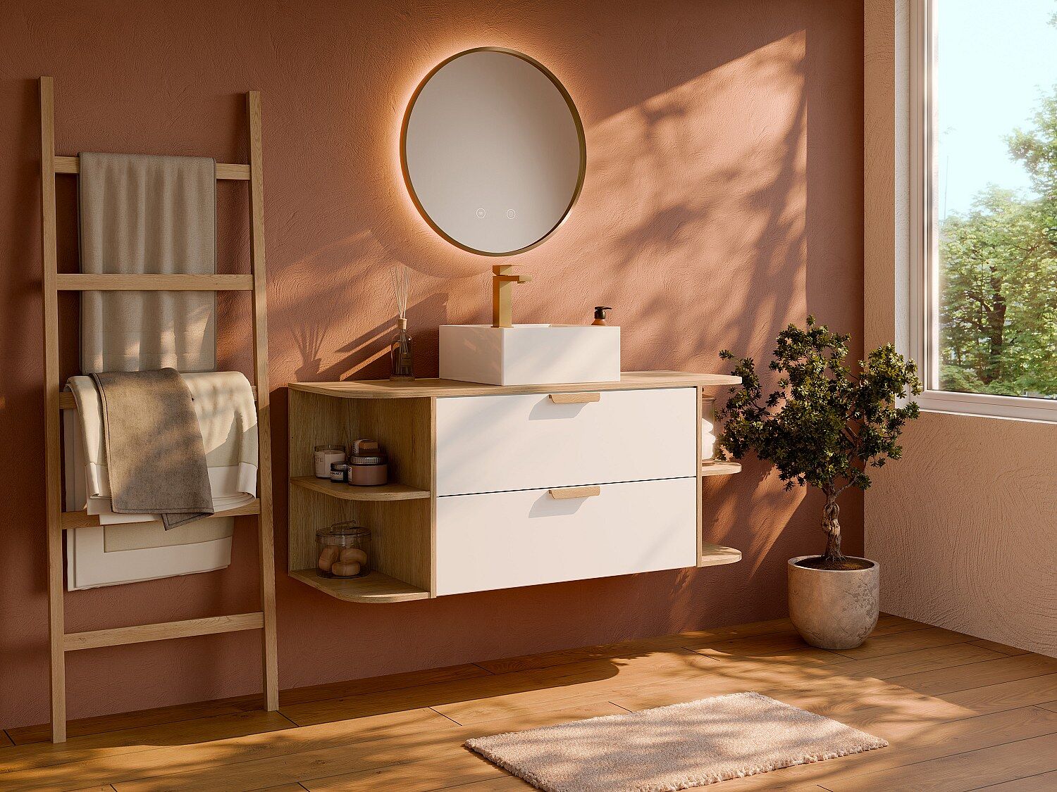 Unique Mueble lavabo suspendido con compartimentos y lavabo independiente cuadrado - Blanco y color natural claro - An. 120 cm - AVORELI