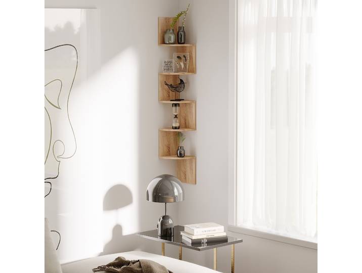 HOMCOM Étagère d'Angle Murale Zigzag Bois Chêne 5 Niveaux