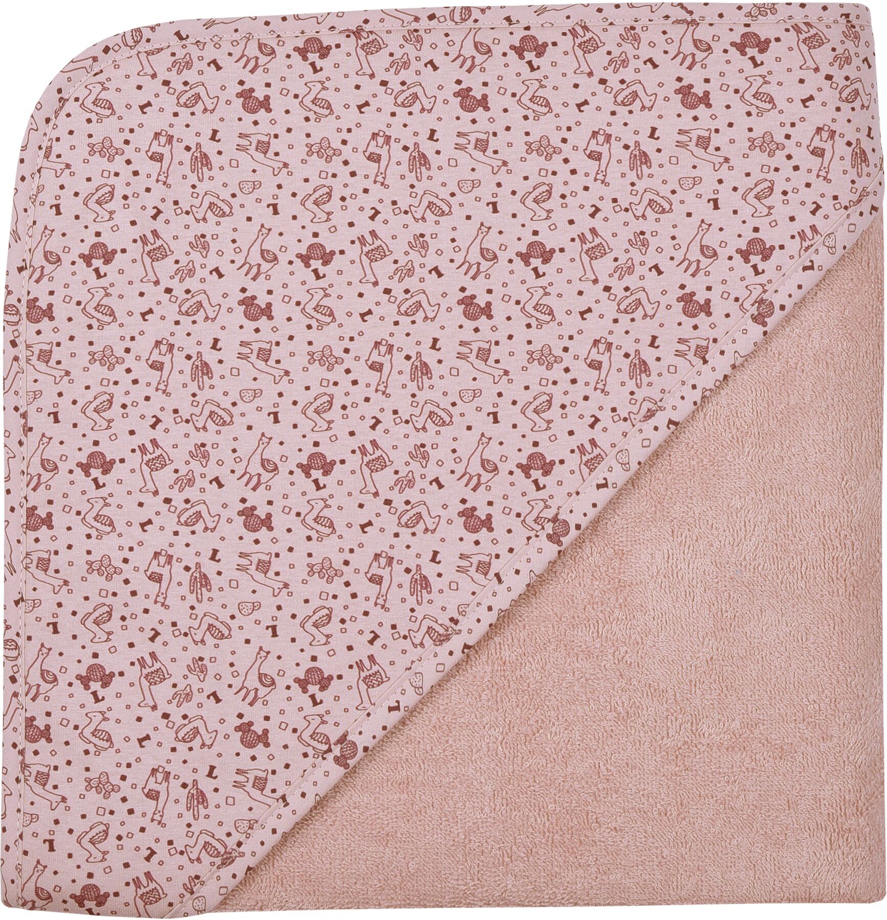 Kapuzenhandtuch WÖRNER "Lamas altrosa Kapuzenbadetuch 100/100", rosa (altrosa), B:100cm L:100cm, Frottee, Frottier, Handtücher, Kapuzenhandtuch, obere Lage der Kapuze aus bedrucktem Single-Jersey altrosa B/L: 100cmx100cm, 1 Stk., Frottee