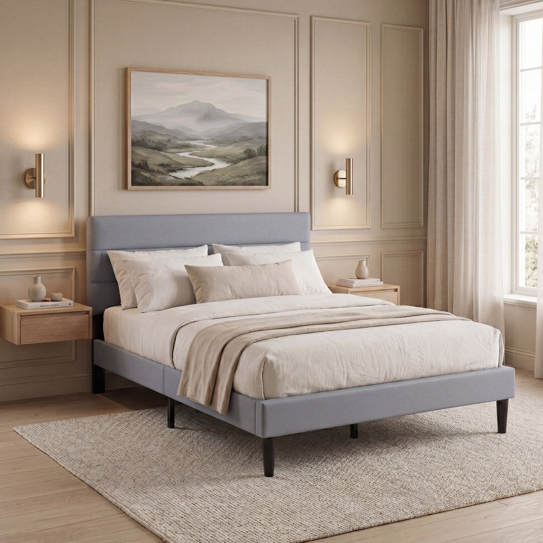 17 Stories Modern Linen Effect Fabric Bed Frame with Adjustable Headboard for Bedroom Furniture Light Grey Kingsize (5')