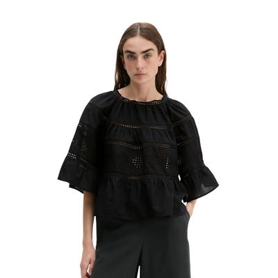 Kurzarmbluse MARC O'POLO "aus besticktem Baumwoll-Voile", Damen, Gr. 40, schwarz, Obermaterial: 100% Baumwolle, unifarben, normal, Rückenausschnitt, normaler Saum, Blusen