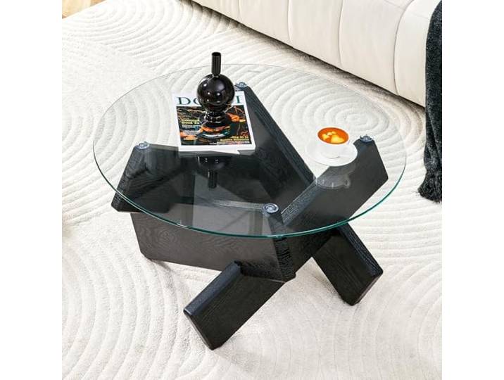 Bellemave Couchtisch Rund 79 cm, MDF+Glas, Kreuzfuß, Schwarz Runder Wohnzimmertisch, pflegeleichte Glasplatte, schnell montiert, ideal als Sofatisch, modern & platzsparend