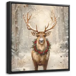 LEINWAND Bilder mit Rahmen - Weihnachten - Rentier - Winter - Kranz - 20x20