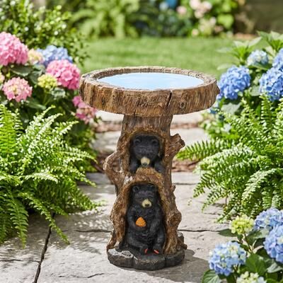 Meedzom 23.6 Inch Tall Resin Black Bear Bird Bath with Tree Trunk Pedestal Garden Decor