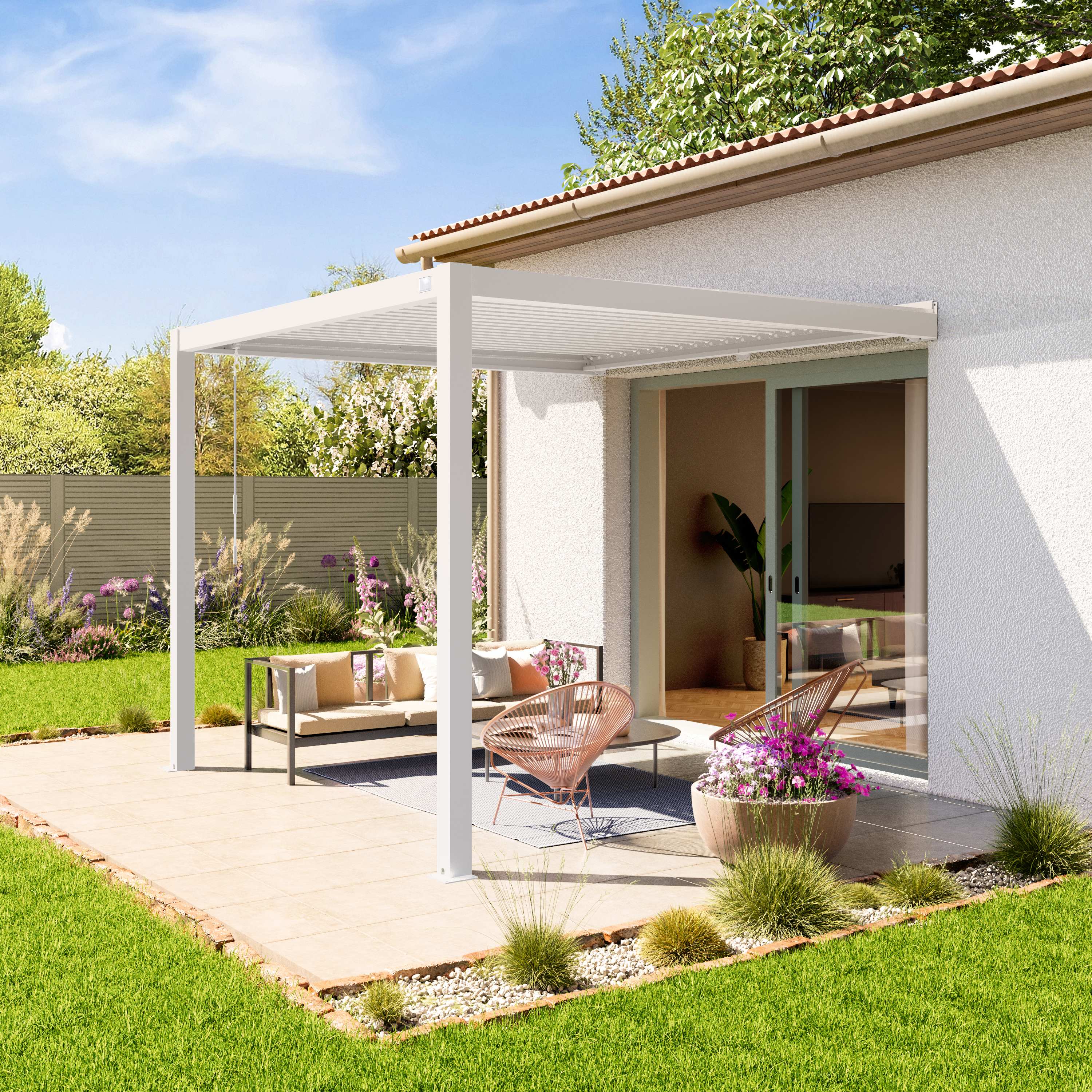 PRIMEYARD 3x3 m Vægmonteret pergola i hvid, med lameltag i hvid - (400138)