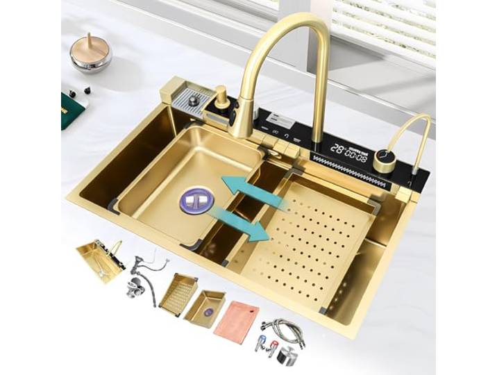 Intelligente Küchenspüle Mit Temperaturanzeige Arbeitsplatzspüle Aus Edelstahl Mit Tassenspüler Nanobeschichtetes Einzelbecken Mit Zwei Wasserfällen(Glod,75cm)