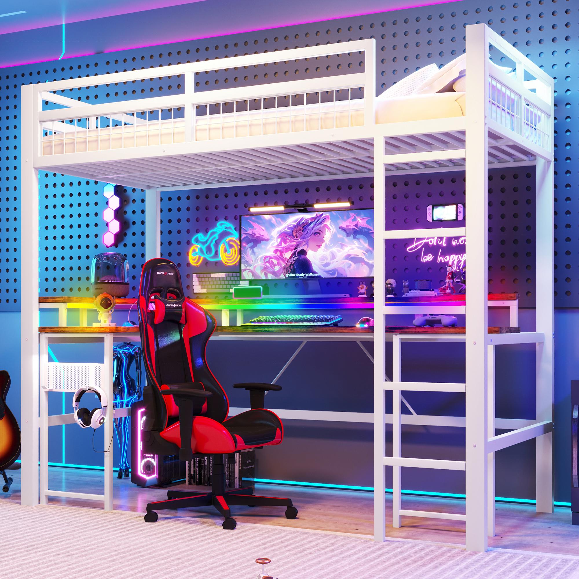 Merax Etagenbett 90x200cm, Stockbett mit Schreibtisch, farbwechselnder LED-Licht, USB-Anschluss, Typ-C, Steckdosen, Lochwand, Kinderbett, Weiß
