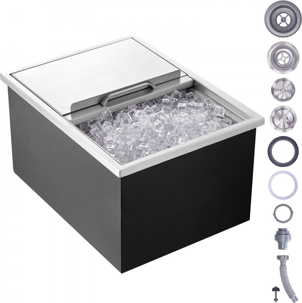 55,23 L Drop-in-Eisbox, 608 x 457 x 333 mm Edelstahl-Eiskühler - Kommerzieller Eisbehälter mit Schiebedeckel - Eingebaute Eisspeichertruhe mit Abflussrohr & Ablassstopfen