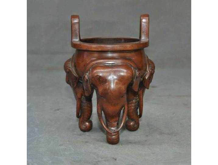 5 marqué temple chinois violet Bronze éléphant nez statue brûleur d'encens encensoir